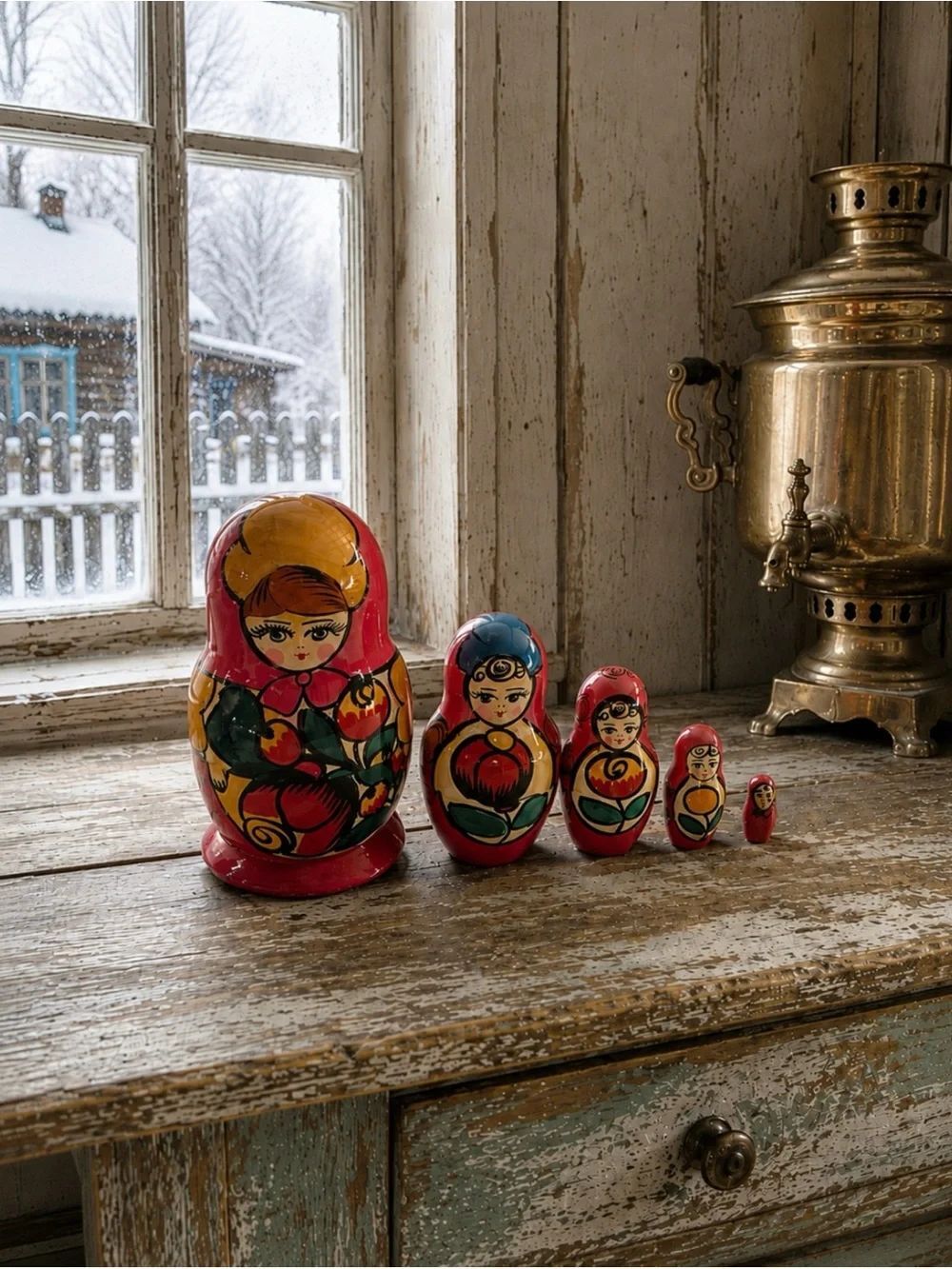 Vintage Russian Matryoshka Nesting Dolls - Red Floral Set of 5